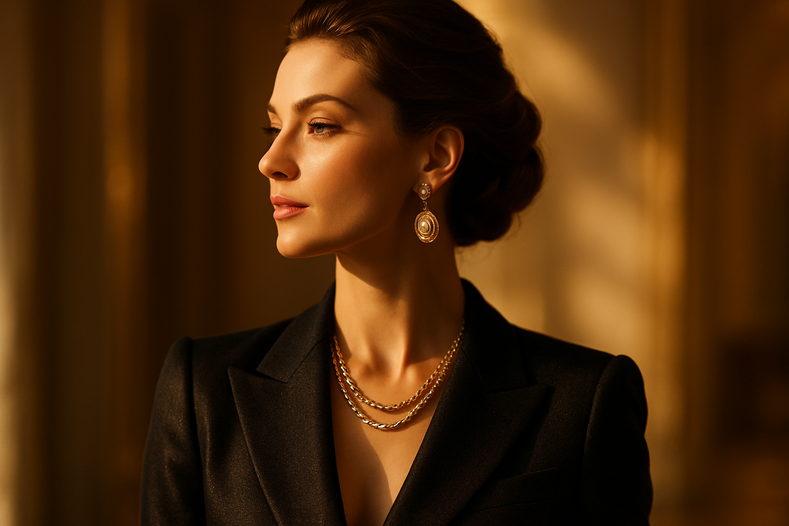 luxury woman looking to the side with the sun shinning 