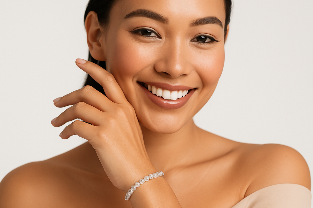 make woman wearing a zincron bracelet smiling with white backgound