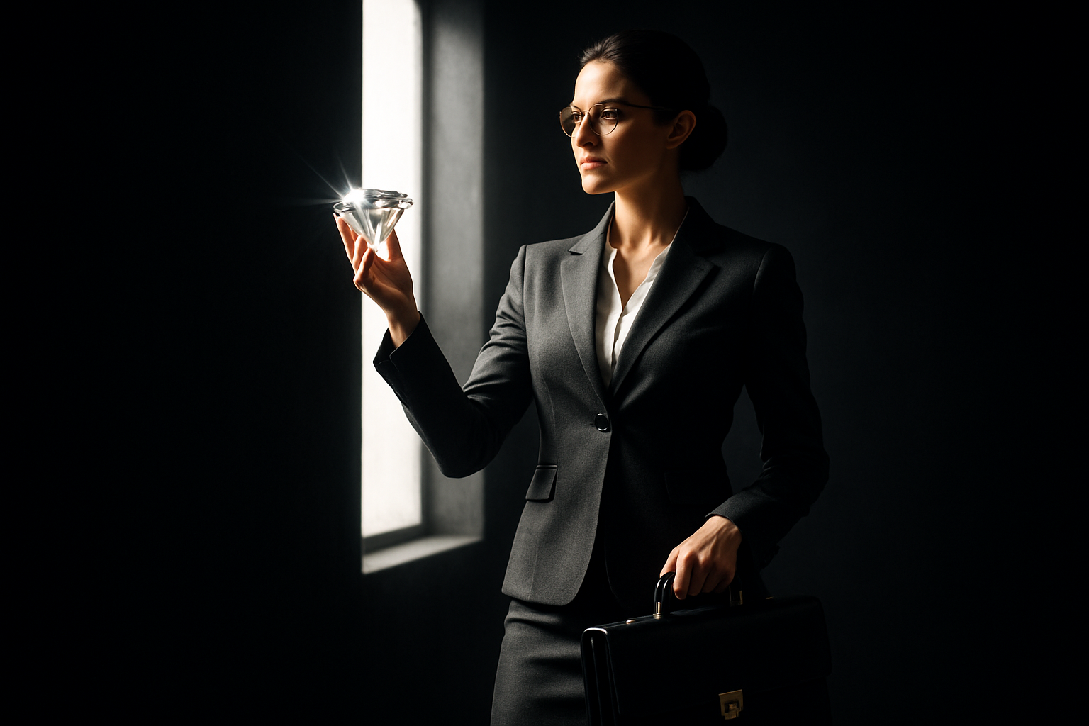 woman in a fancy suit with a brief case standing holding a diamond in her hand with a black backgound witha. big windowing shinnig in 